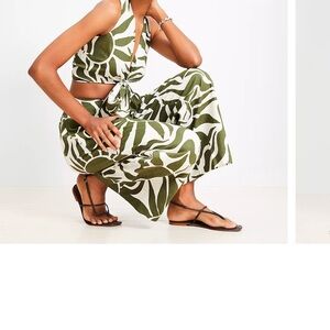 LOFT 2 pc Beach Olive/ White Linen Leaf Print Crop Top/Wide Leg Crop Pants NWOT